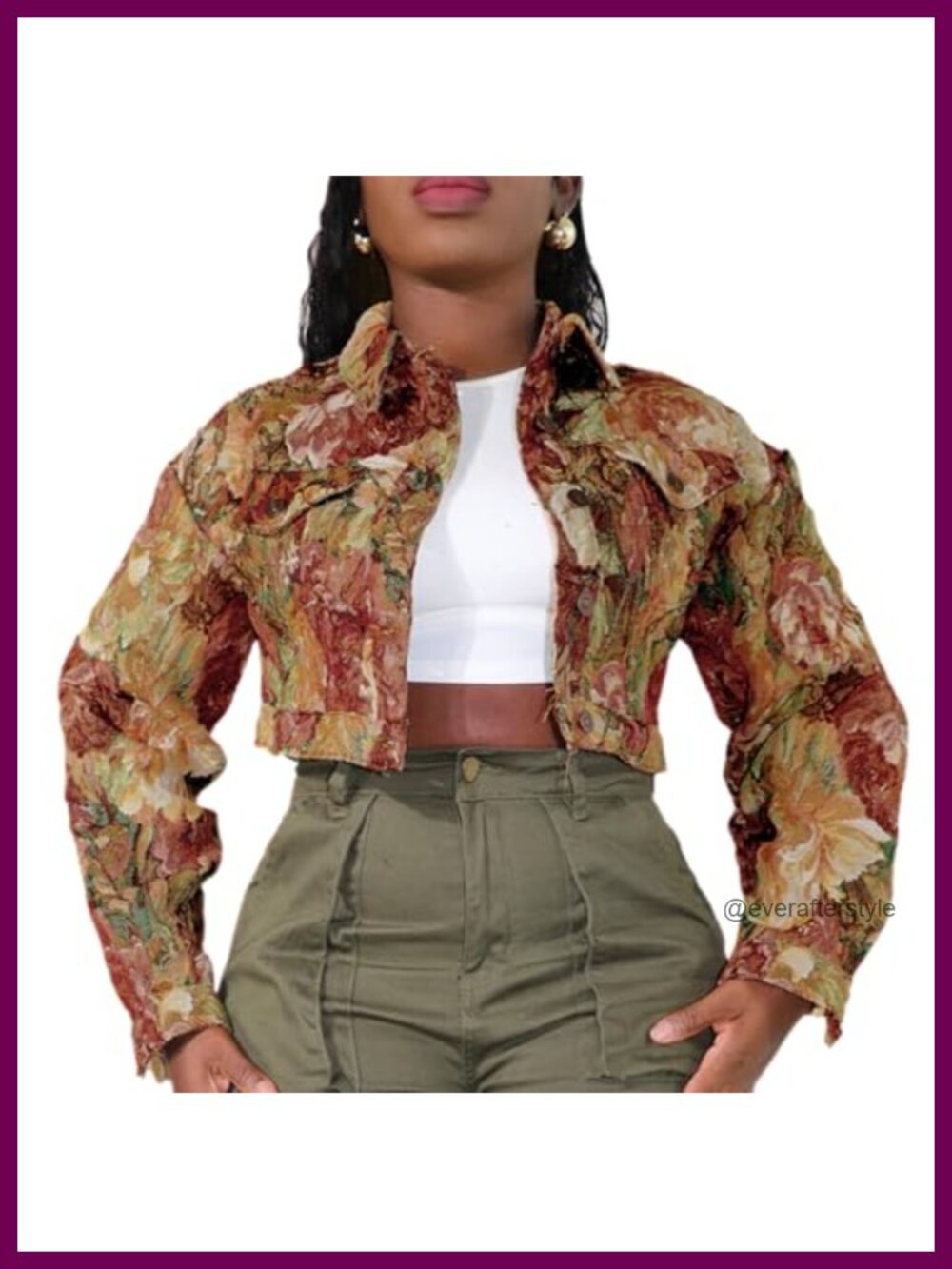 Cropped Jacquard Jacket Women Button Down Floral Casual